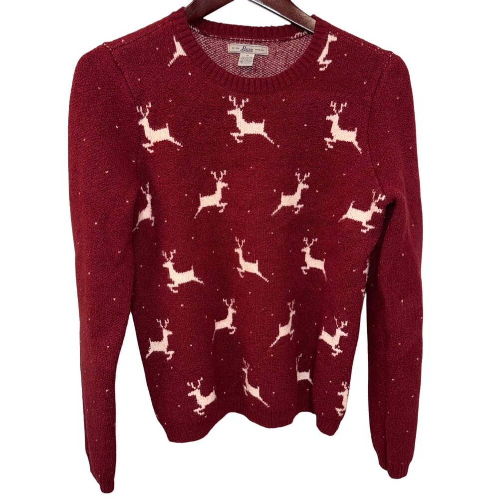 Bass Womens Knit Sweater With Reindeer Pattern Size M Red & White